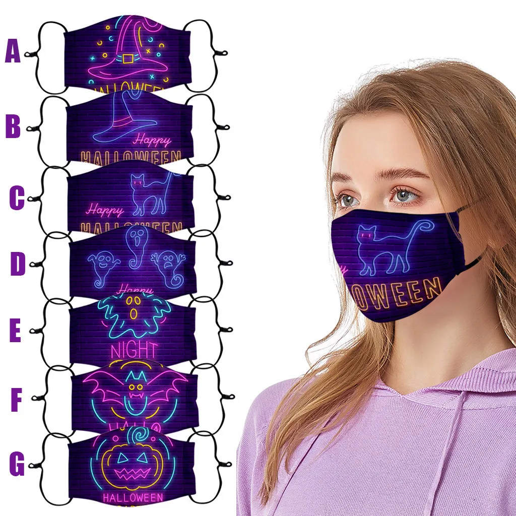 

1PC Scarf FaceMaskes Halloween Print Washable Earloop Maskss Adult Women Reusable Mouth Cover Outdoor Face Scarf Purple #H10