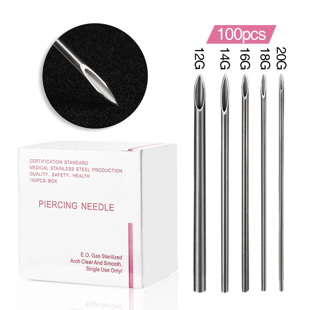 100Pcs 12/14/16/18/20G Surgical Steel Disposable Piercing Needles for
