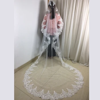 

Women Ivory Lace Wedding Veil With Comb Long Cathedral One Layer Tull Appliques Bridal Veils 300*150 CM