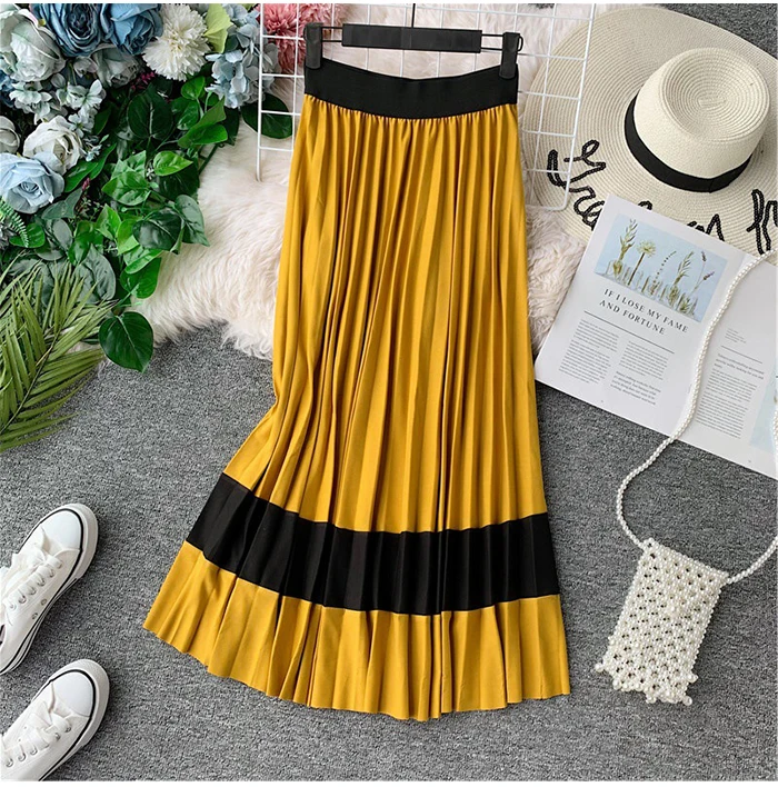 TIGENA Beautiful Patchwork Pleated Skirt Women Fashion Autumn Winter Korean High Waist Long Maxi Skirt Female Black Yellow