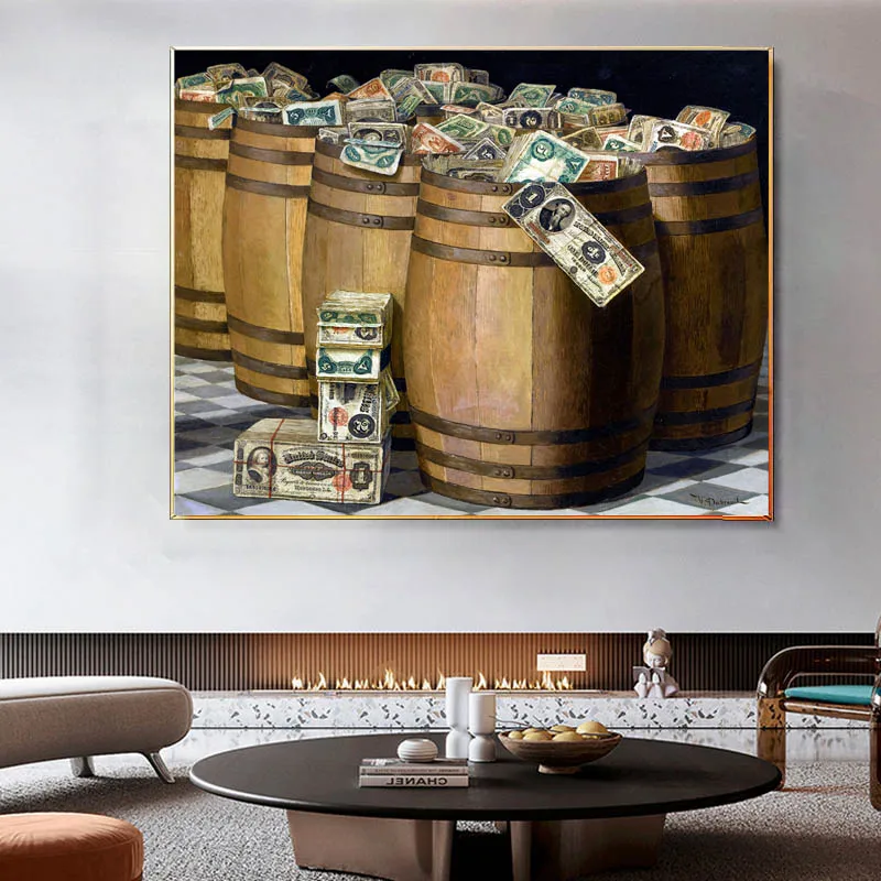 Retro Canvas Painting Money Dollar Currency Wall Art Wooden Wine Barrel