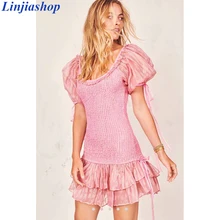 Linjiashop Loveshackfancy autumn pink dress short sleeve vintage slim special chiffon ruffles mini dress dropshipping