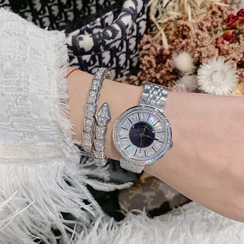 Элегантные полностью серебристые женские ювелирные часы высокого класса блестящие циркониевые Кристаллы часы водонепроницаемые полностью стальные браслеты кварцевые - Цвет: Silver Black