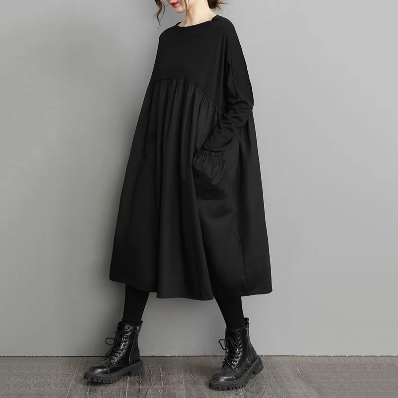 Long Sleeve Black Big Pocket Patchwork Dresses For Women Loose Casual Vintage Dress Fashion Elegant Clothing Spring Autumn 2025