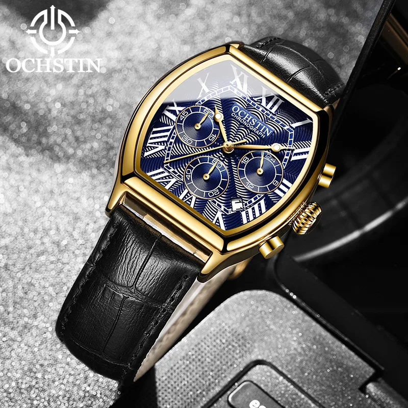 

Ocshtin New Style Wine Bucket MEN'S Watch Genuine Leather Waterproof Business Casual Quartz Watch Square Multi-functional Watch