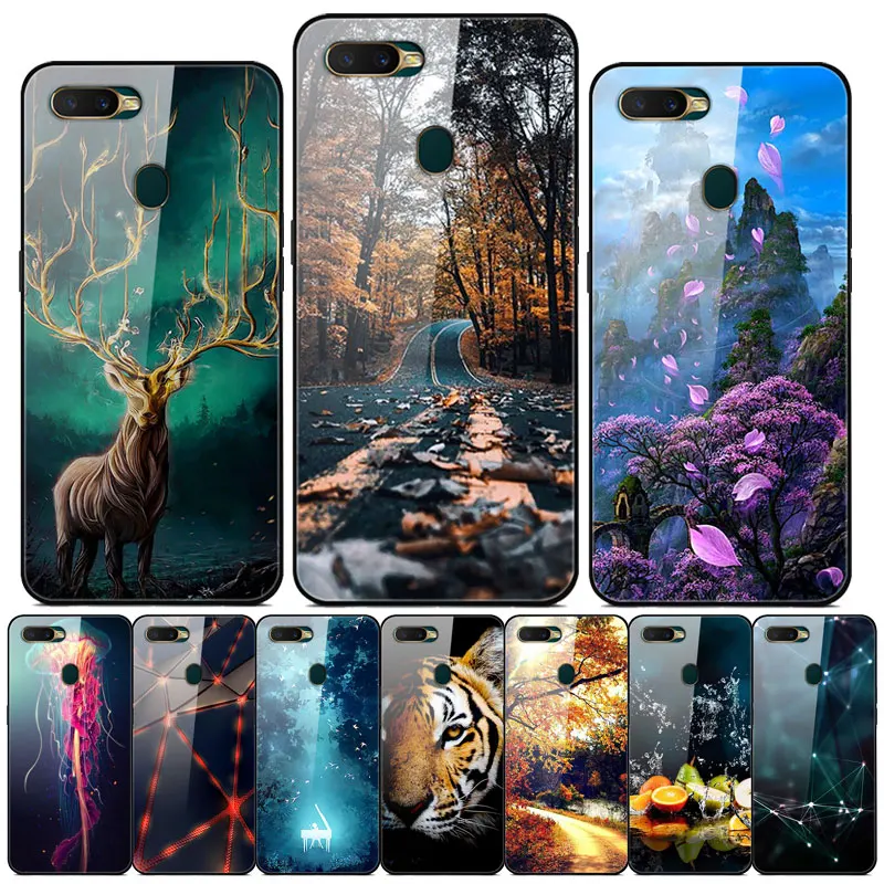 

Tempered Glass Case For OPPO AX7 Case Fashion Painted Hard PC Back Cover For OPPO A7 Cover TPU Bumper on OPPO AX7 Phone Case