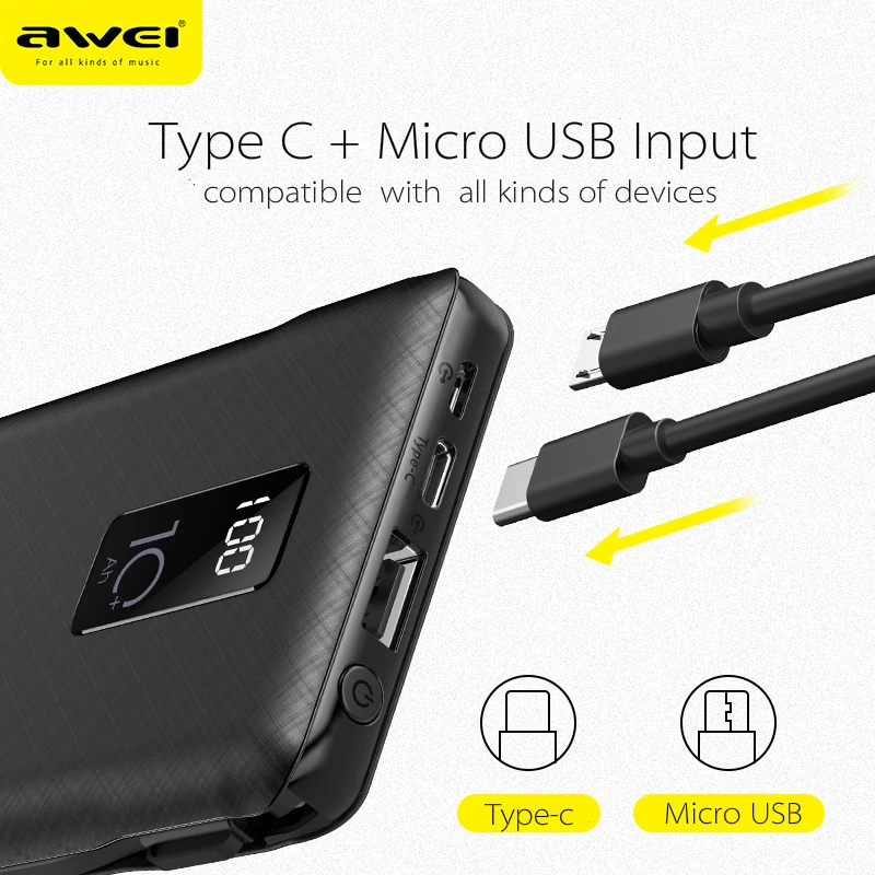 AWEI P8K 10000mAh LED Display Power Bank Fast Charging With Charging Cable Type-C ,Micro USB Port For All Kinds of Phone AWEI P8K 10000mAh LED Display Power Bank Fast Charging With Charging Cable Type-C ,Micro USB Port For All Kinds of Phone