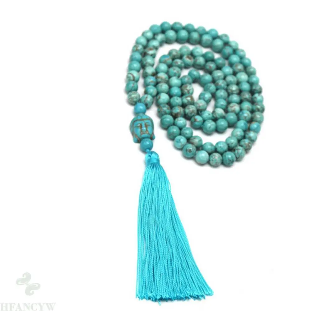 6mm Turquoise 108 Bead Buddha Head Pendant Tassel Knot Necklace Wrist Reiki Spirituality Yoga Meditation Bless Pray