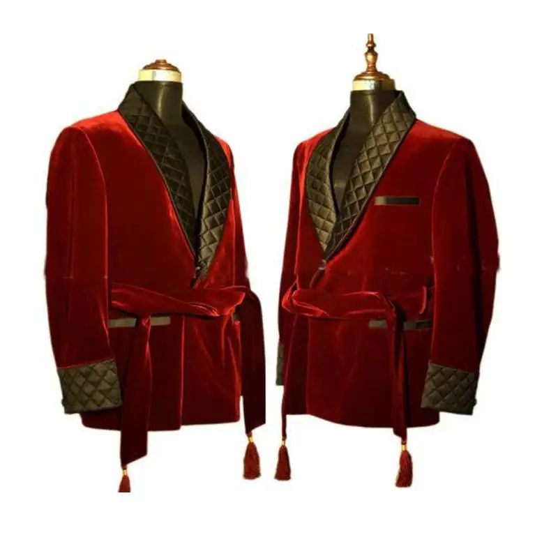 Winter Black Velvet Men&rsquo;s Smoking Overcoat Red Long Jacket Groom Party Prom Coat Business Wear Clothing Only 1 Blazer With Belt