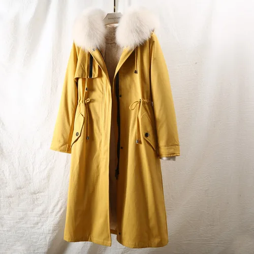 Женская зимняя куртка OFTBUY, с натуральным лисьим мехом на воротнике и капюшоне и съемной подкладкой из кроличьего меха, роскошная длинная парка - Цвет: Цвет: желтый