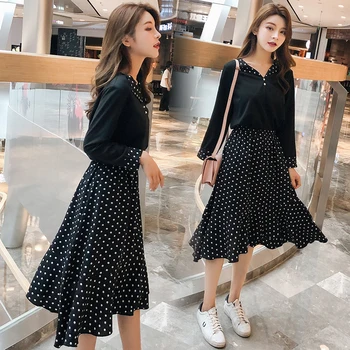 

2020 Spring Sexy Dress For Fat Female Plus Size Vintage Dot Dress 4XL 5XL Women's Black Lapel Slim Two Piece Party Midi Dress