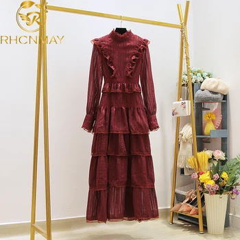 

Fashion 2020 New Summer Ruffles Woman Maxi Dress Stand Collar High Waist Long Sleeve Lace Mesh Elegant Dress Female