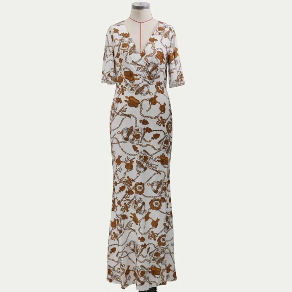 Новинка, Осеннее длинное женское платье, Vstido Longo, модное, ropa mujer, однотонное, с цепью, с принтом на талии, с коротким рукавом, вечерние платья Sukienka# C10