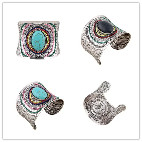 Charming Bohemian Big Bangles Natural Oval  Wide Cuff Bracelets Tibetan Silver Enamel Bracelet Jewelry For Women