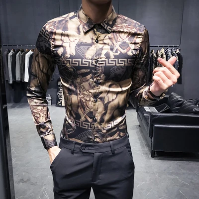 C5901 Black and gold Новинка, мужские рубашки в стиле барокко с черным золотым принтом, приталенные вечерние рубашки для клубов, мужская рубашка Camisa, роскошная рубашка с длинным рукавом - Цвет: C5901 Black and gold
