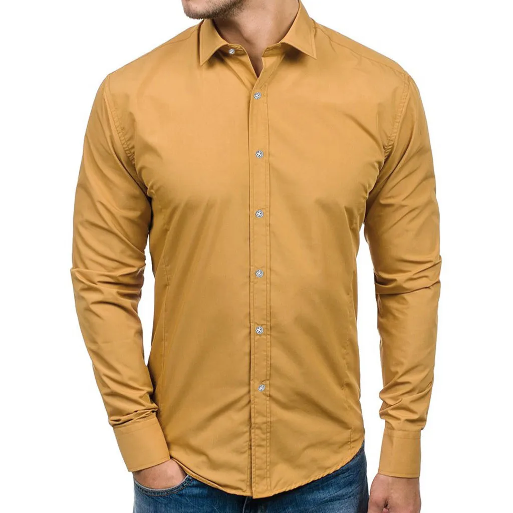 Мужская повседневная однотонная дизайнерская рубашка на пуговицах, Топ с длинным рукавом, блуза, деловые рубашки, мужская рубашка, одноцветная мужская рубашка - Цвет: Yellow