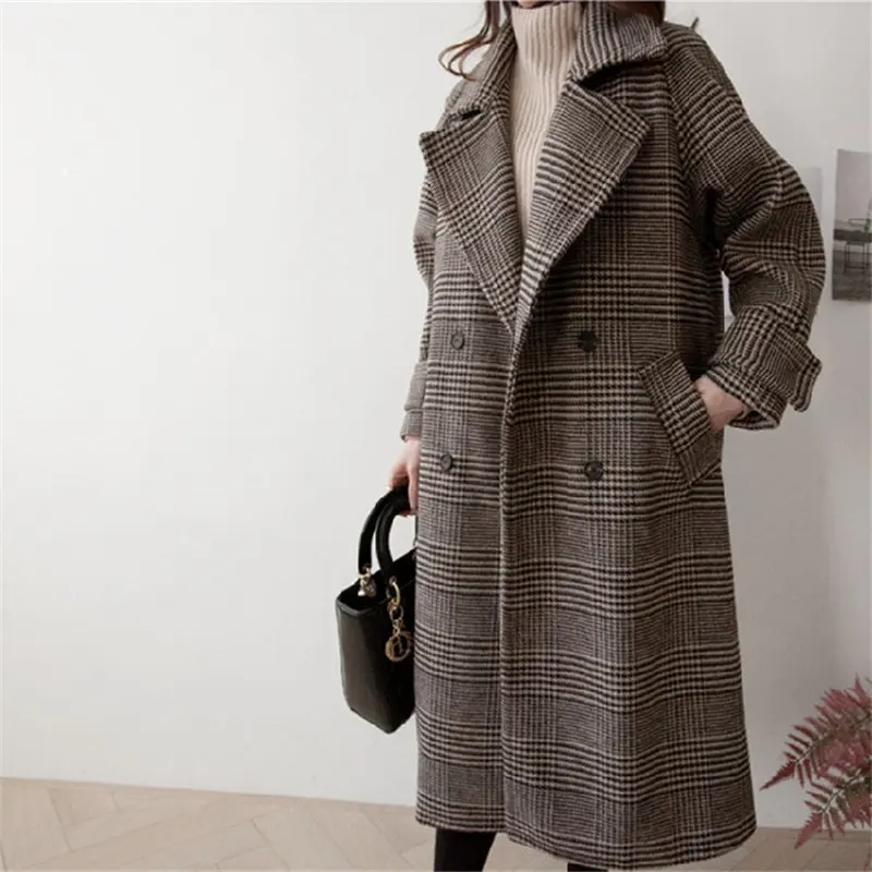 Skup HziriP Chic gruby Plaid elegancki płaszcz wełniany Streetwear ciepły wiatrówka nowy kobiety wykop moda długie damskie Plus Size płaszcz