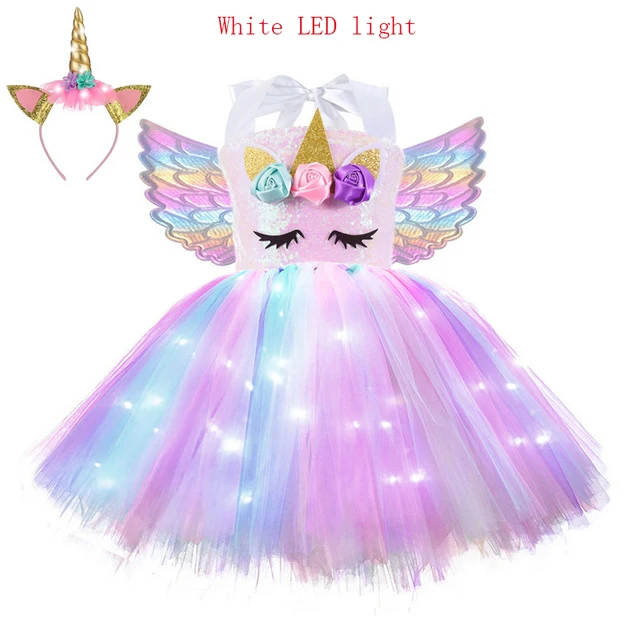 Kids World Book Day Unicorn Costume Girls Birthday Party LED Lights Sequin Rainbow Tutu Dress Shiny Princess Cosplay Costume LED style-D