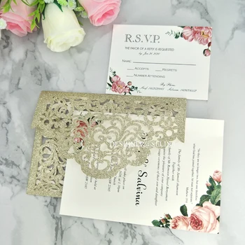 

Luxury Champagne Glitter Laser Cut Wedding Invites 20+Color Sprinkle Laser Cut Invitations For Quinceanera Dinner Invites