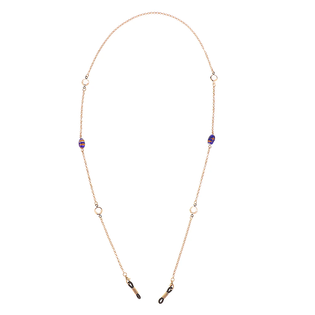 

78cm Length Gold Link Chain Glass Beads Eyeglass Cord Reading Eyewear Spectacles Chain Holder Rubber End Cord Holder