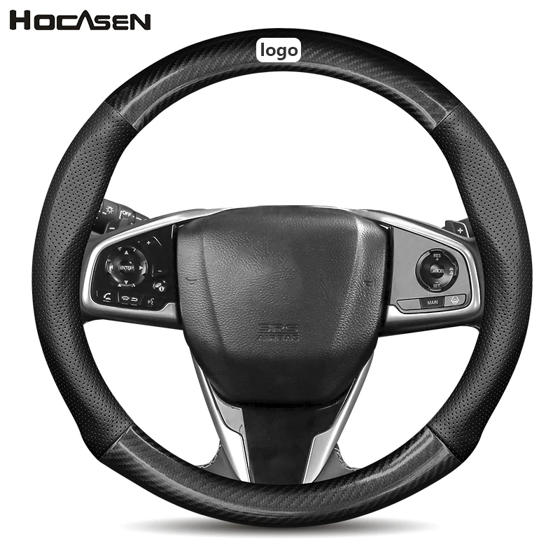 For Honda Carbon Fiber Cow Leather Car Steering Wheel Cover Fit Civic CRV BRV Fit Jazz Accord
