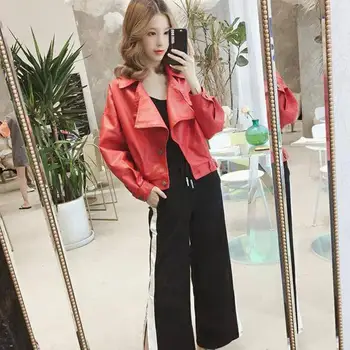 

2019 Fashion Women Autumn Locomotive Bf Pu Leather Jacket Hongkong Style Turn-Down Collar Female Short Coat