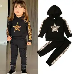 2019 модные комплекты одежды для маленьких девочек, Леопардовый топ с длинными рукавами и капюшоном, свитер, штаны, осенняя одежда