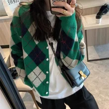 

Women Retro V-Neck Loose Casual Warm Single Breasted Cardigan Green Argyle Knitted Sweater Spring Autumn Fashion Knitted Jumpers