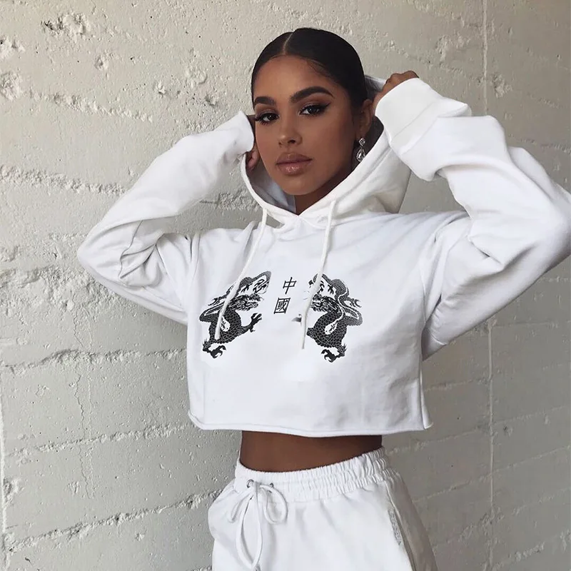 Chinese Style Dragon Print Cropped Hoodie Sweatshirt Streetwear Pullover Loose Autumn Hoodies Women