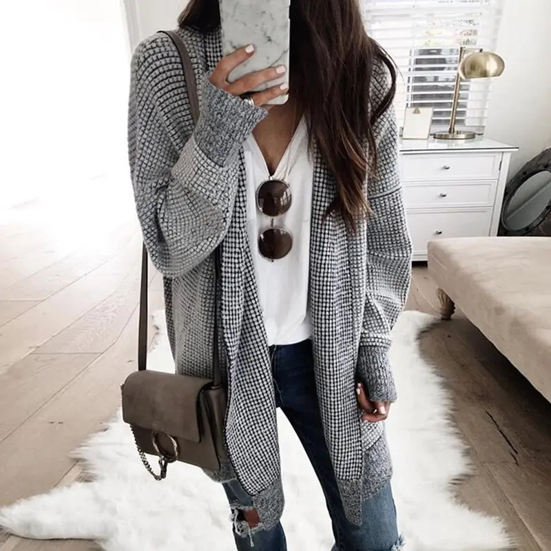 

Casual Plus Size Elegant Black Autumn Elegant Boho Long Sweater Women Loose Plaid Vintage Cardigan Female Clothes Tops 2019