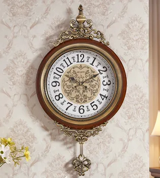 

Pendulum Luxury Wall Clock Large Vintage Silent Golden Wooden Wall Clocks Living Room Reloj De Pared Vintage Home Decor AB50WC