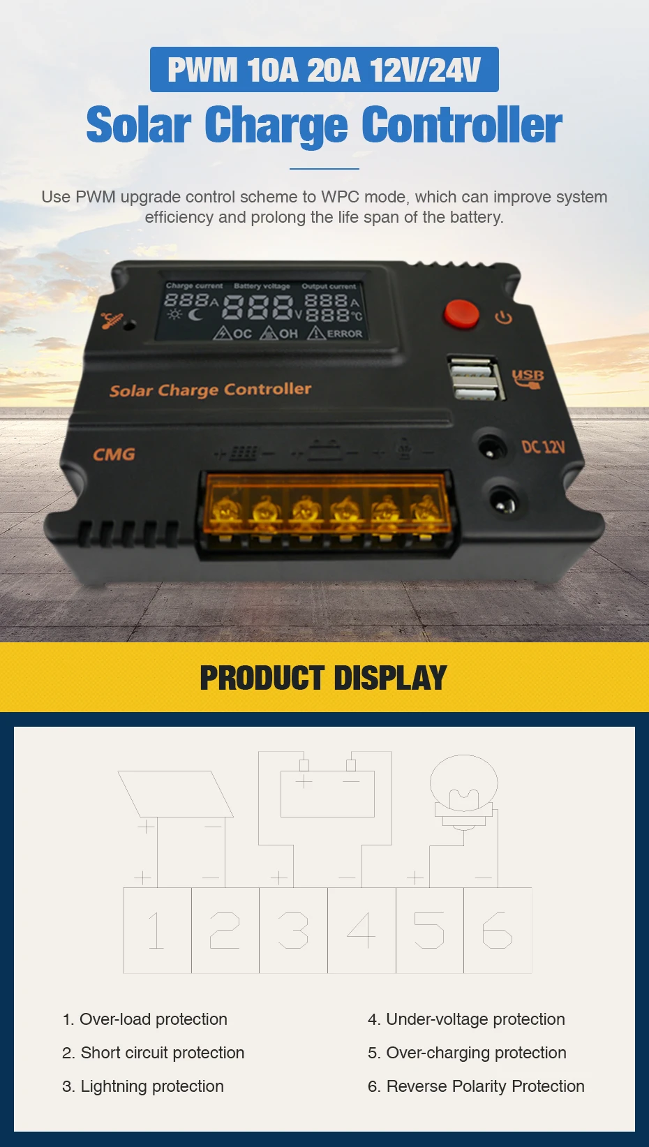 10A 20A PWM регулятором солнечного заряда контроллер 12V 24V автоматический переключатель Выход регулятор Панели солнечные Батарея Зарядное устройство ЖК-дисплей Dual USB Выход 5V 3A