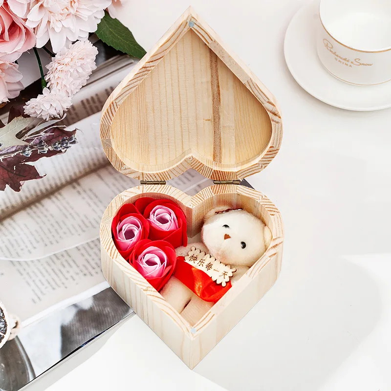 Valentine's Day creative heart-shaped wooden box Rose Soap flower bear gift  box decorations for home home decore glass rose