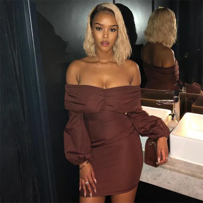 

2019 Autumn Sexy Off Shoulder Long Sleeve Strapless Mini Sexy Solid Dress Women Pencil Bodycon Party Dress Vestidos