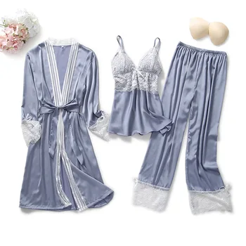 

gray Pajamas For Women Sexy Lace Trimmed Nightwear Satin Pajamas With Shorts 3-Piece Sleepwear Suits Casual Home Clothes