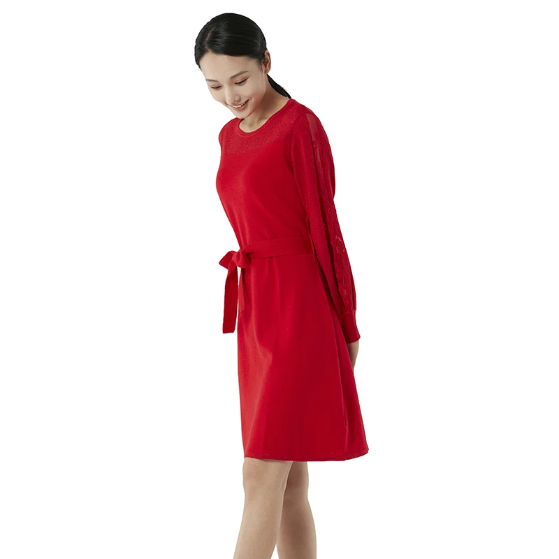 Kintted Dress Women Fashion Solid Embroidery Knitted Sweater Dress O-Neck Casual Long Sleeve A-Line Mini Dresses