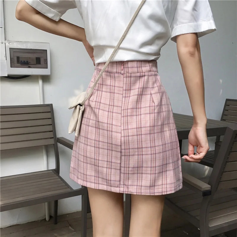 Женские летние повседневные мини-юбки в винтажном стиле с высокой талией трапециевидной формы с принтом в клетку
