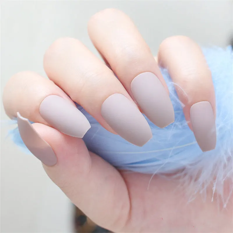 Short Matte Coffin Nails False Frosted Gray Faux Ongles With Autocollant Ballerina Shape Artificial Full Cover Fake Nails Matt - Цвет: m13-616