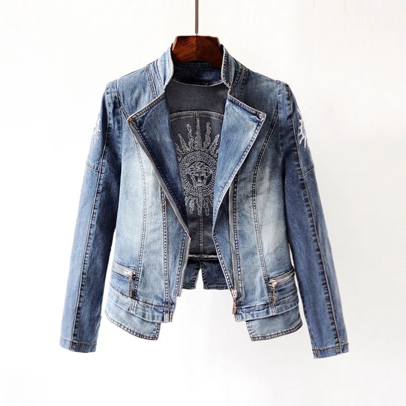 discounted 2019 Spring Women Fashion Sequins Jackets Long-sleeved Stretch Slim Denim Jacket Sun Plus Size Shor