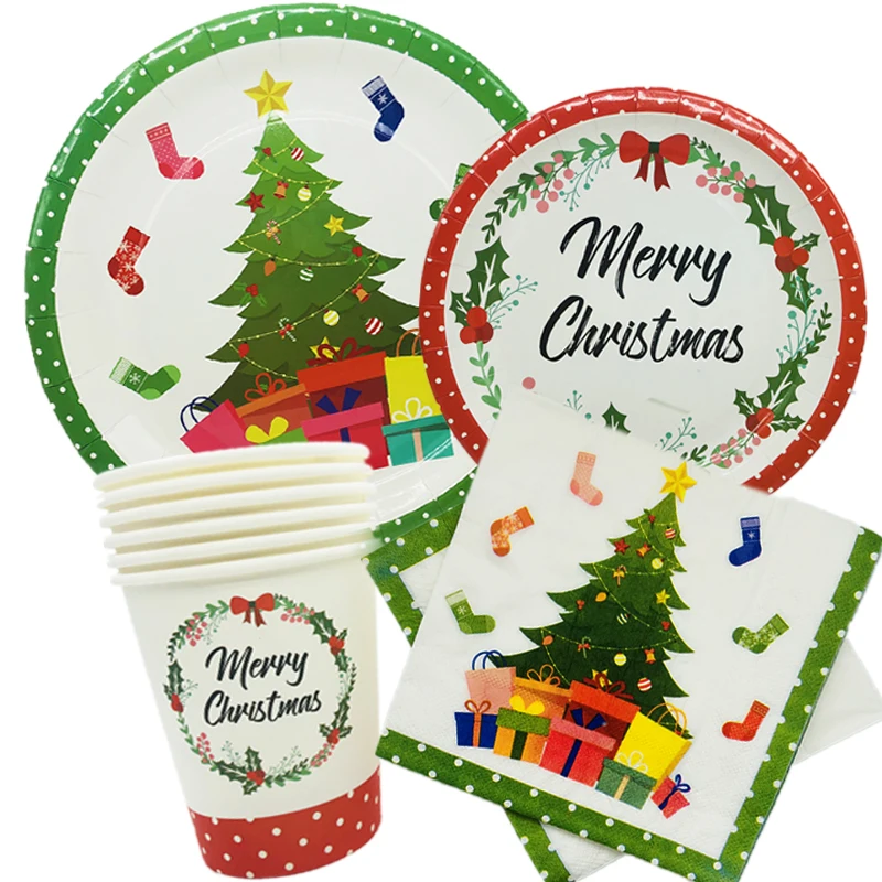 Omilut Новогодняя вечеринка поставки-включает тарелки, чашки и салфетки Идеальный Рождественский вечерние пакет для Санта Рождество Тематические Вечерние