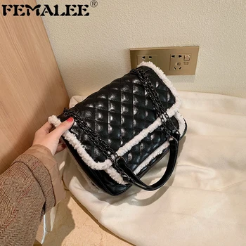 

Fur Border Women Crossbody Bag Women's Winter New Chain Plaid Shoulder Bag Female Famous Brand Messenger Bag PU Leather Handbag
