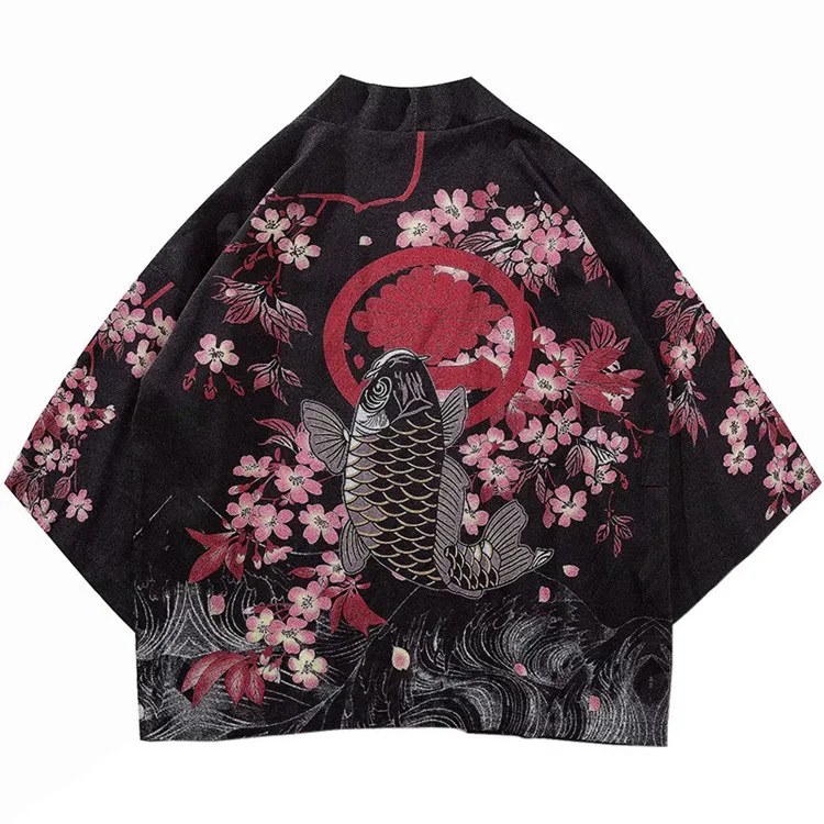 Японское кимоно куртка Koi рыбий принт Harajuku хип хоп мужской японский стиль куртка в уличном стиле летняя легкая одежда свободное кимоно