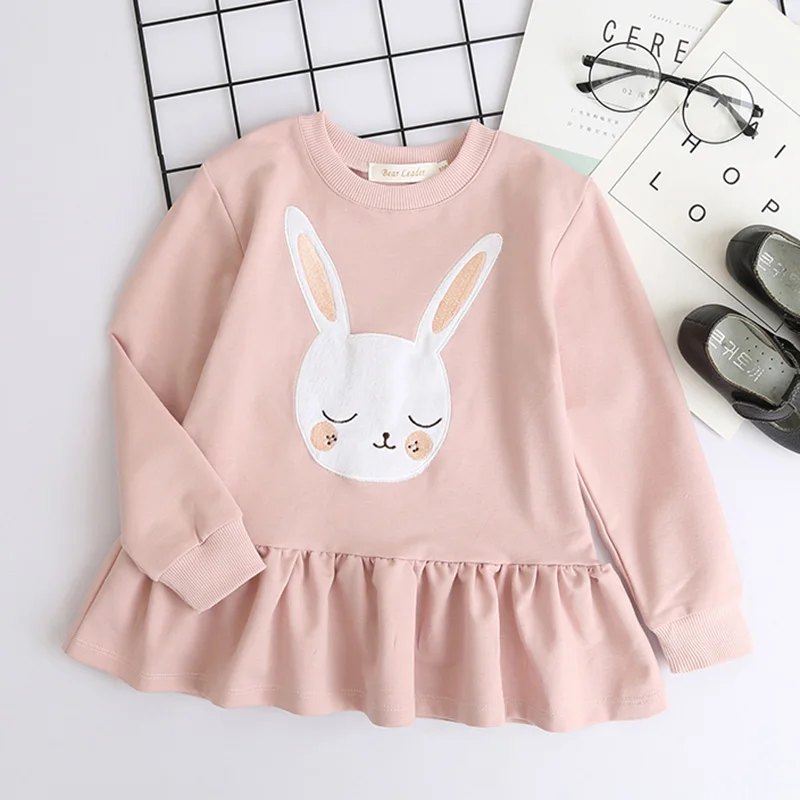 pink az1714 Bear leader/платье для девочек; Новинка; брендовая блузка для маленьких девочек; одежда для детей с длинными рукавами и капюшоном с кроличьими ушками и рюшами; Одежда для девочек - Цвет: pink az1714