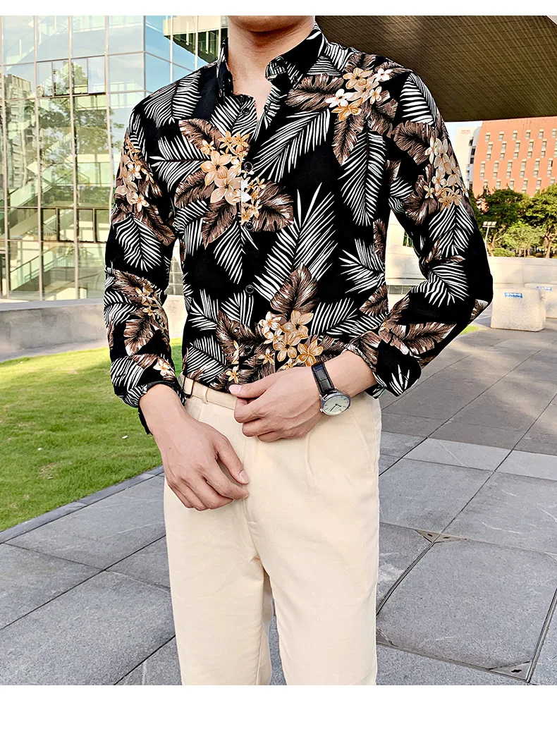 Description Picture 4 of itemNew Slim Brand Fit Casual Men's Social Shirts Dress Long Sleeve Night Club Prom Tuxedo Top Quality British Style Print Shirt Men