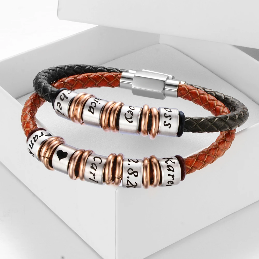Genuine Leather Engraved Name Gift Bracelets With Magnetic Clasp Personalized Custom Jewelry For Man and Women