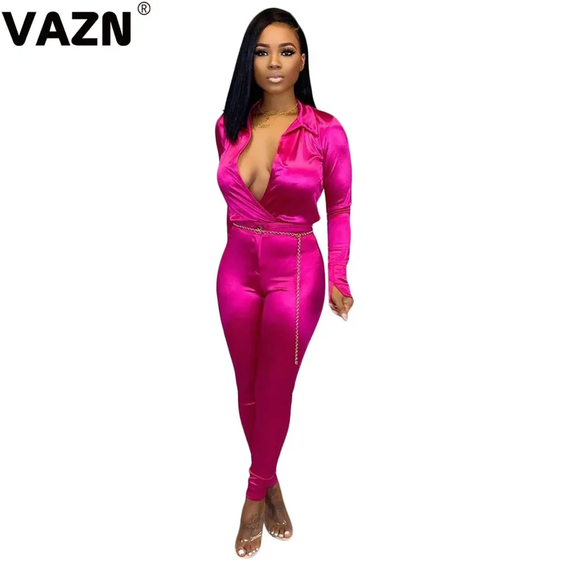 VAZN SN3705 яркие синие однотонные облегающие длинные штаны сексуальные женские комбинезоны с v-образным вырезом и длинным рукавом Спортивные костюмы длинный комбинезон