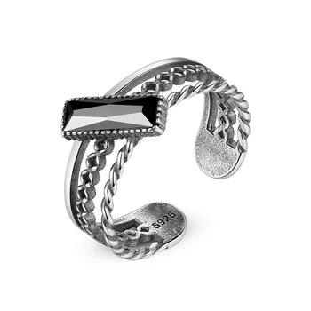 

MetJakt S925 Sterling Silver with Black Zircon Vintage Thai Silver Simple Women's Open Ring