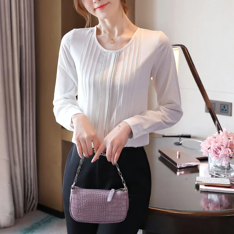 Korean Fashion Chiffon Women Blouses Solid O-Neck Office Lady Shirt and Blouse Plus Size XXL Autumn Long Sleeve Women Tops