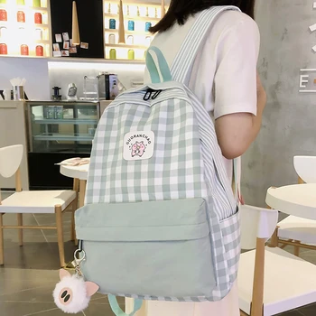 

Student Female Pig Plaid Backpack Cute Women Canvas School Bags Girl Kawaii Backpack Fashion Book Ladies Teenage Bag Luxury New