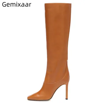 

Concise Long Boots Women Solid Color Decor Metal Decoration Party Bottes Elegant Square Toe Square High Heel Real Leather Boots